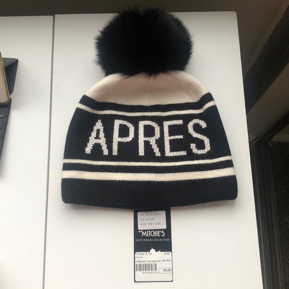 Mitchie's Apres Rhinestone Fox Pom Beanie Hat